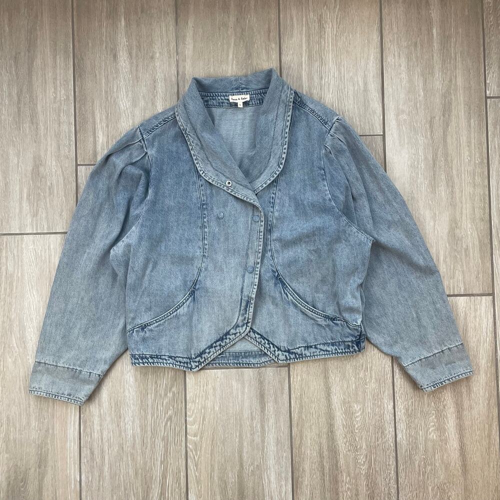 Aaron & Amber Major Love Denim Wrap Jacket L Puff Sleeve Asymmetric Snap Boho